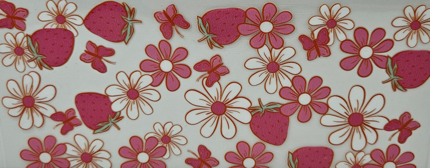 Pink Strawberries with White & Pink Flowers & Butterflies