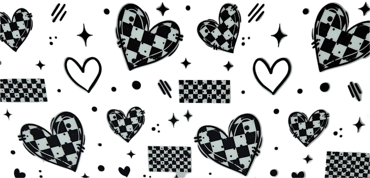 White & Black Checkered Hearts Outlined in Black
