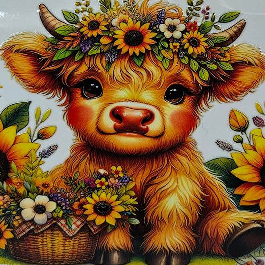 Brown Highland Calf with Butterfly & Sunflowers