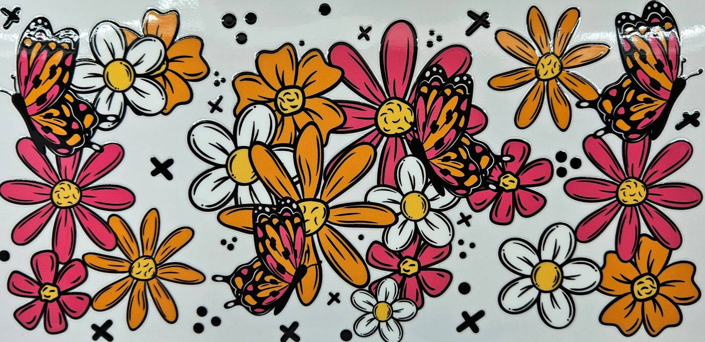 Pink & Orange Flowers with Butterflies
