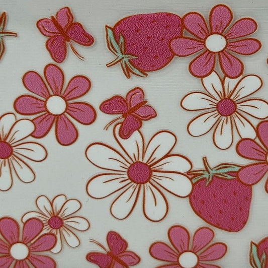 Pink Strawberries with White & Pink Flowers & Butterflies