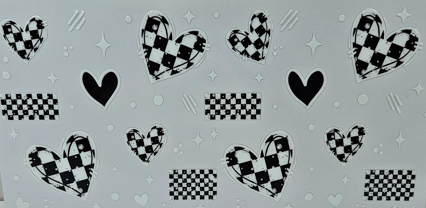White & Black Checkered Hearts Outlined in White