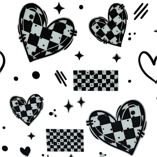 White & Black Checkered Hearts Outlined in Black