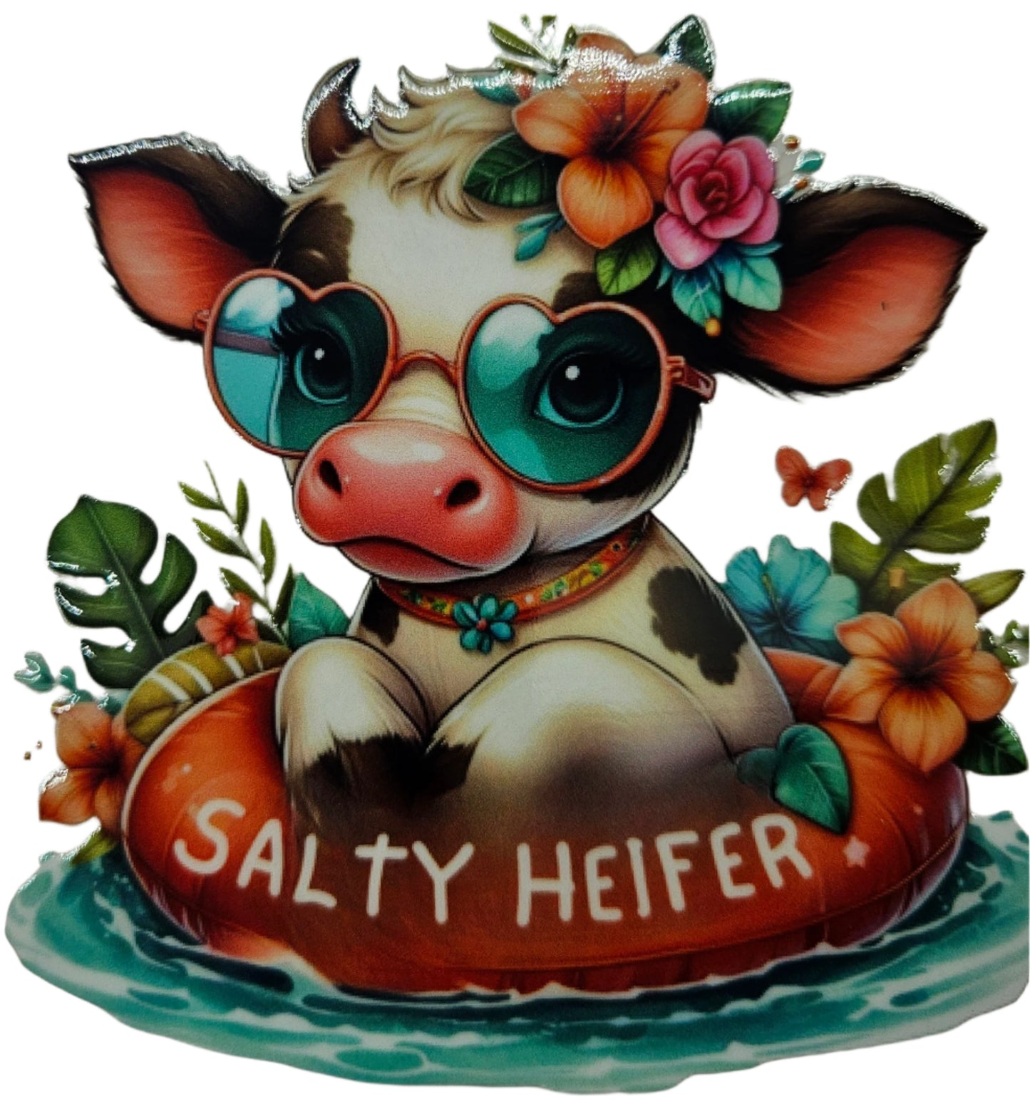 White & Brown Highland Calf Pink Flower Salty Heifer Floatie